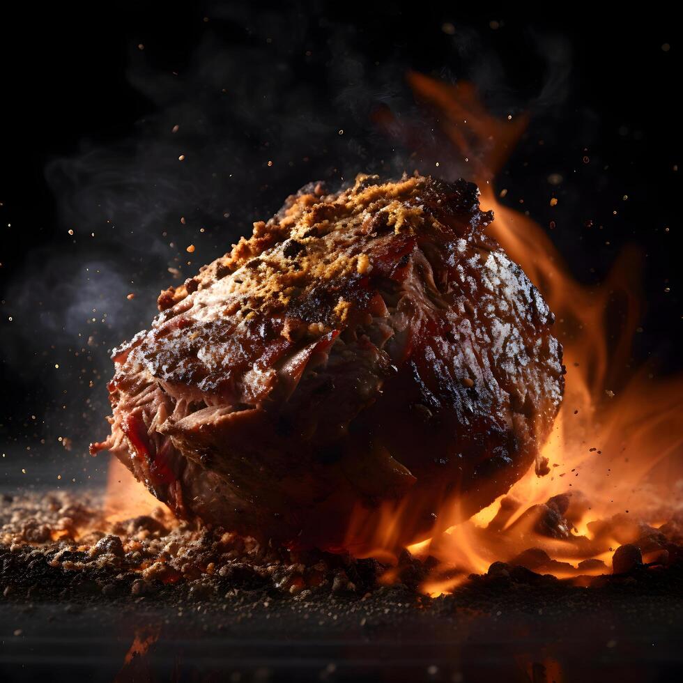 braten Rindfleisch auf Feuer mit Rauch auf schwarz Hintergrund, Nahaufnahme, ai generativ Bild foto