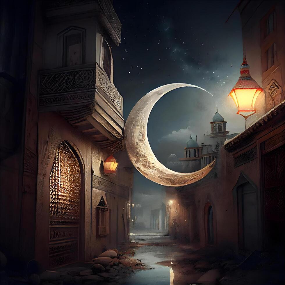 Ramadan kareem Gruß Karte mit Halbmond Mond und Laternen, ai generativ Bild foto