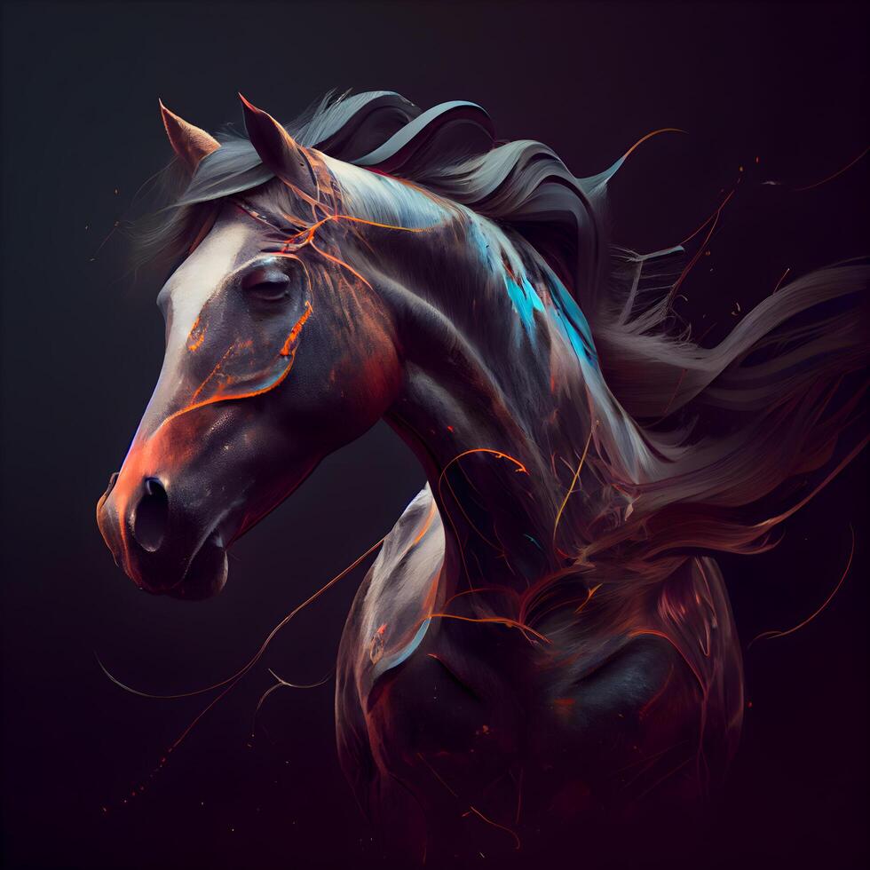 Pferd mit abstrakt bunt Mähne auf schwarz Hintergrund. Digital malen., ai generativ Bild foto