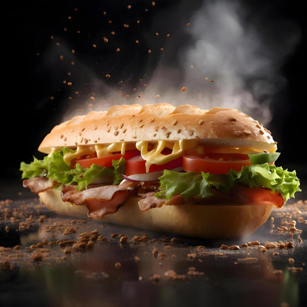 Sandwich mit Schinken und Käse auf ein hölzern Tabelle auf ein schwarz Hintergrund, ai generativ Bild foto