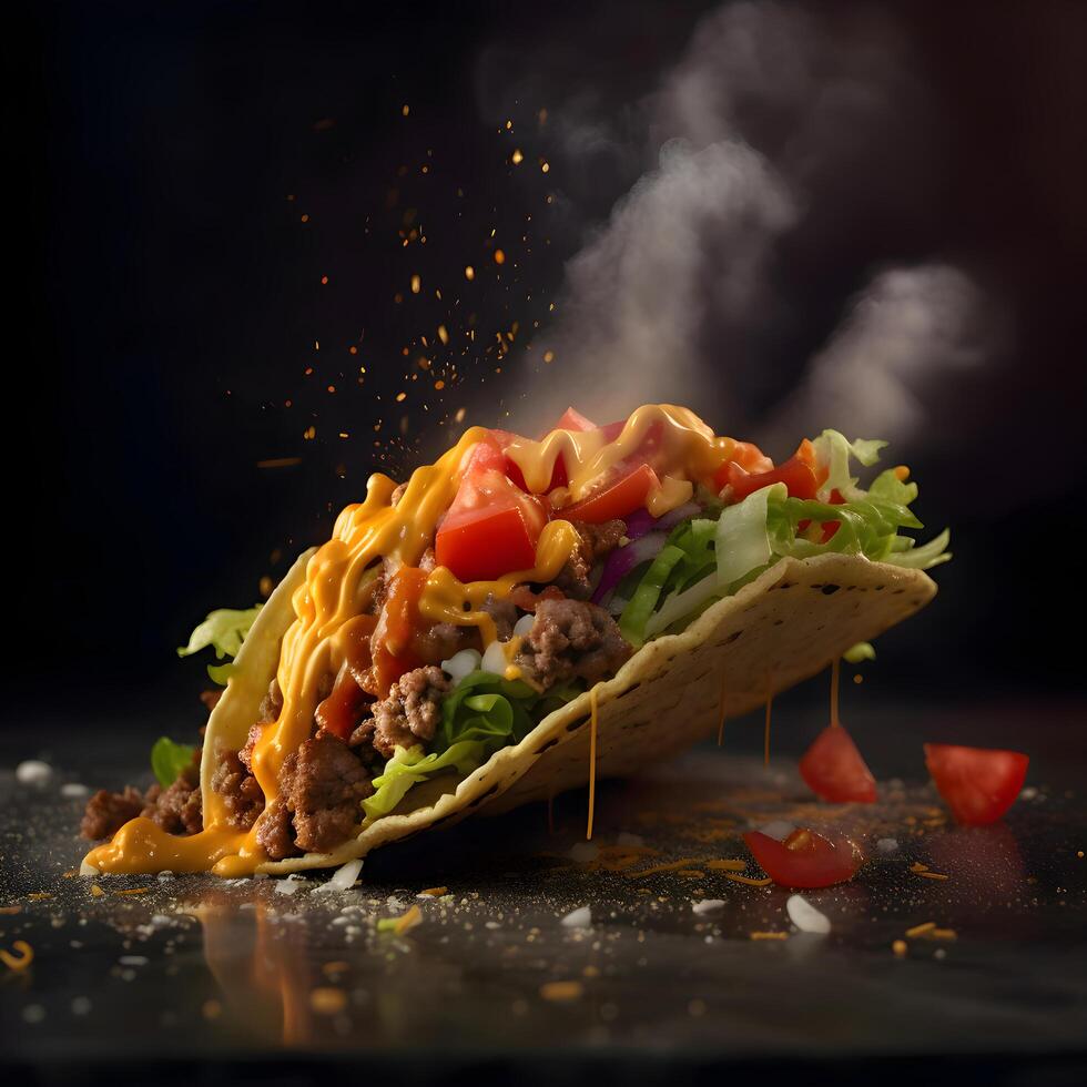Tacos mit Fleisch und Gemüse auf ein schwarz Hintergrund mit Rauch, ai generativ Bild foto