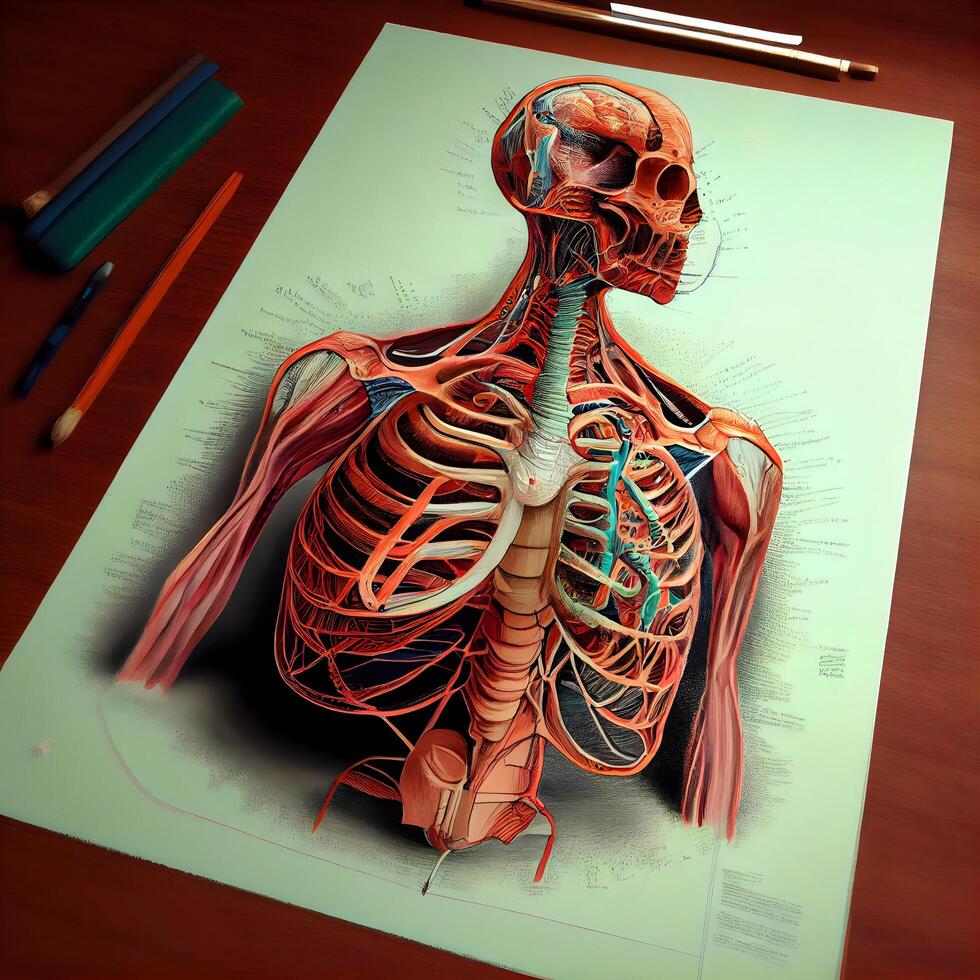 Mensch Skelett Anatomie. 3d Illustration. Mensch Körper mit Kreislauf System., ai generativ Bild foto
