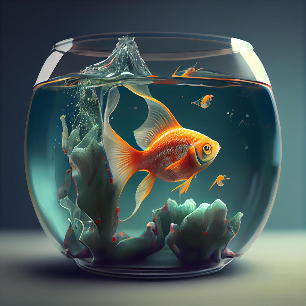 Goldfisch im ein Fischglas mit Wasser Tropfen. 3d Wiedergabe, ai generativ Bild foto