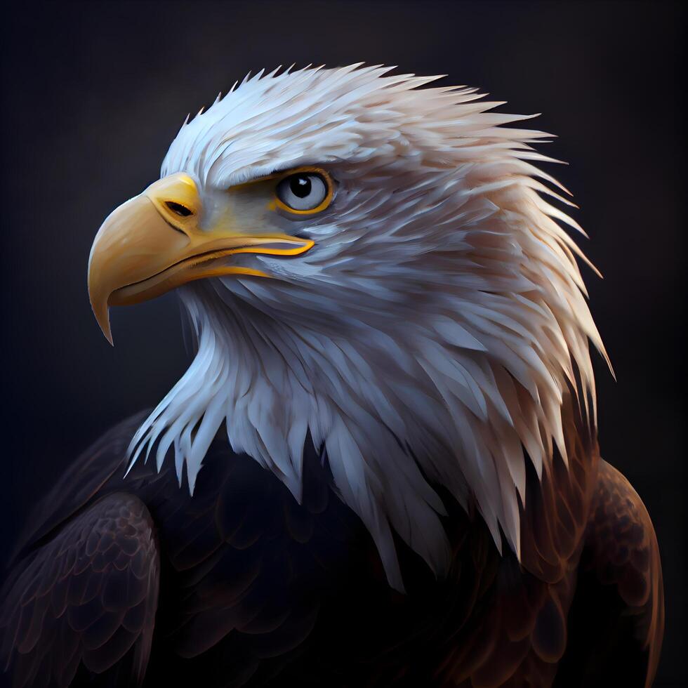 kahl Adler, 3d machen von ein amerikanisch Adler auf ein dunkel Hintergrund, ai generativ Bild foto