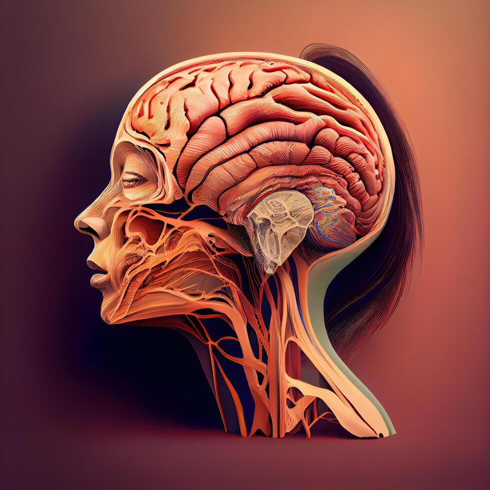 Mensch Gehirn Anatomie. 3d Illustration. Mensch Kopf mit nervös System., ai generativ Bild foto