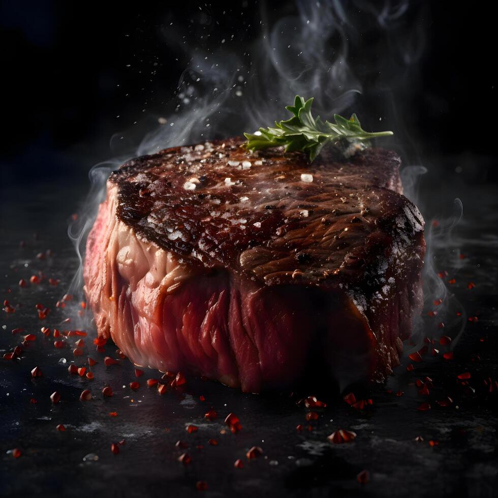 gegrillt Rindfleisch Steak mit Rosmarin und Gewürze auf ein hölzern Planke, ai generativ Bild foto