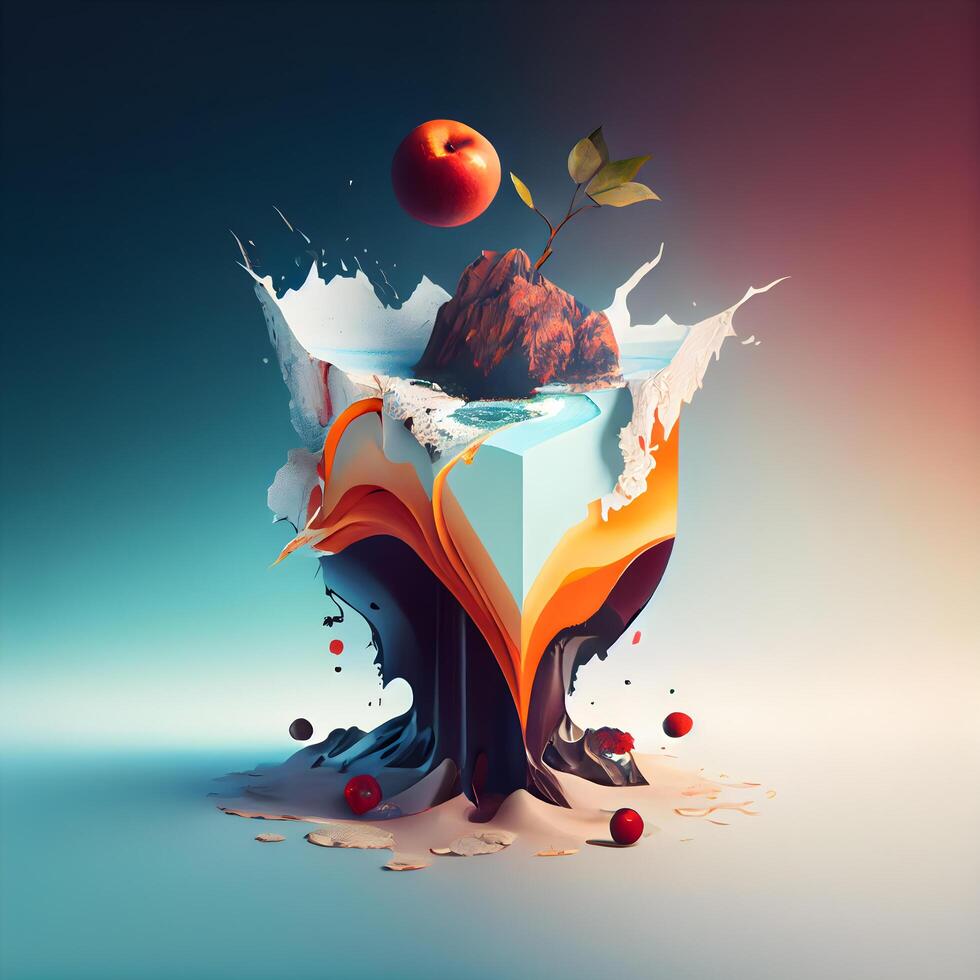 Buch und Apfel im Wasser Spritzen, 3d Illustration, Folge10, ai generativ Bild foto