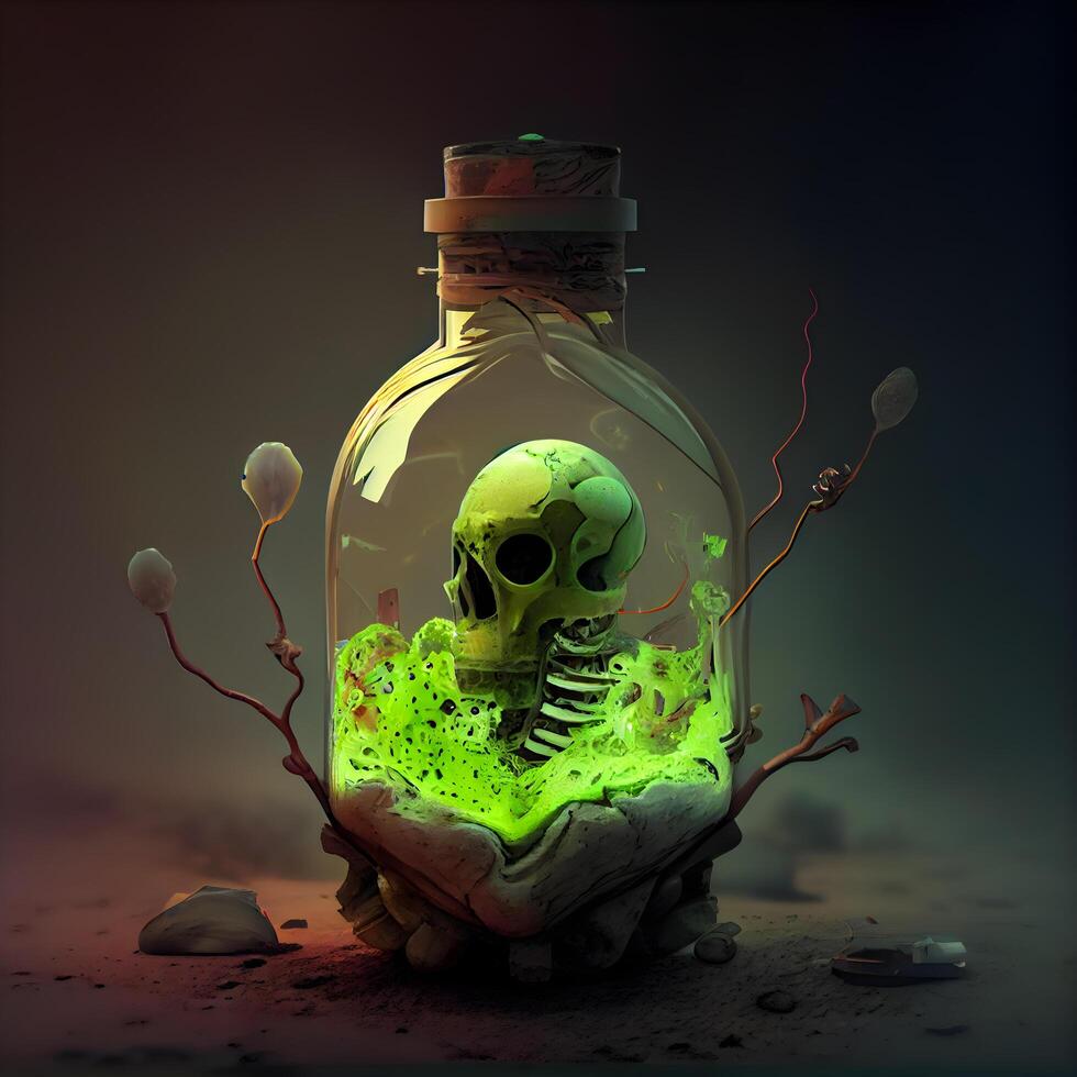 Mensch Schädel im ein Flasche mit Grün Trank. 3d Illustration., ai generativ Bild foto