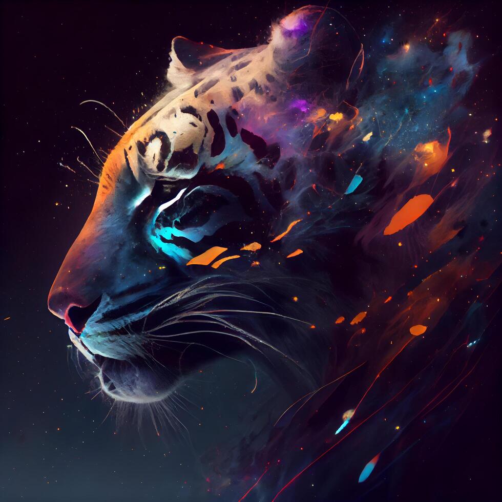 Porträt von ein Tiger mit kosmisch Hintergrund. bunt Illustration., ai generativ Bild foto