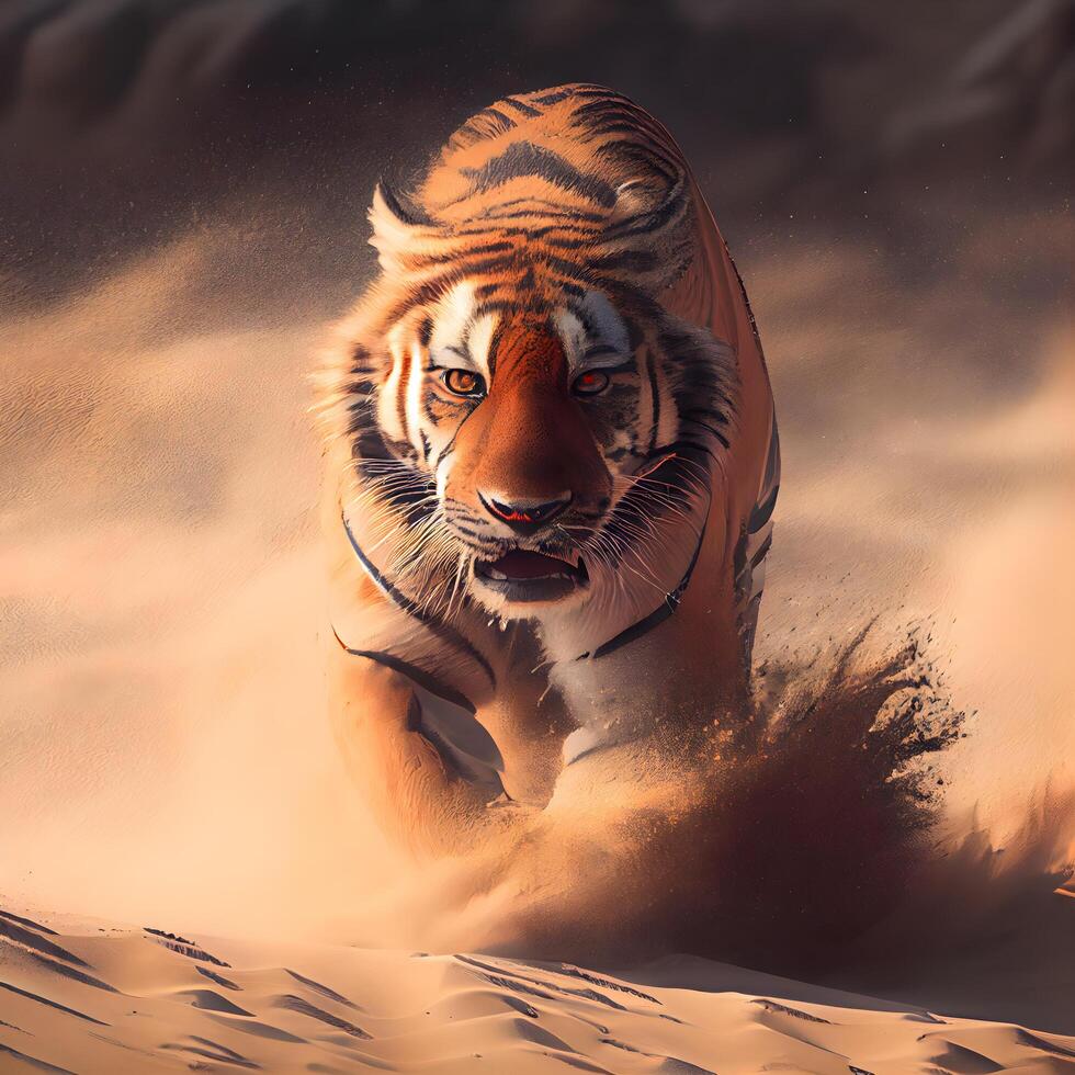 Tiger im das Sand, 3d Wiedergabe. Computer Digital Zeichnung., ai generativ Bild foto