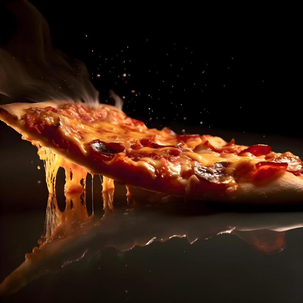 Pizza mit Salami und Mozzarella Käse auf schwarz Hintergrund, ai generativ Bild foto