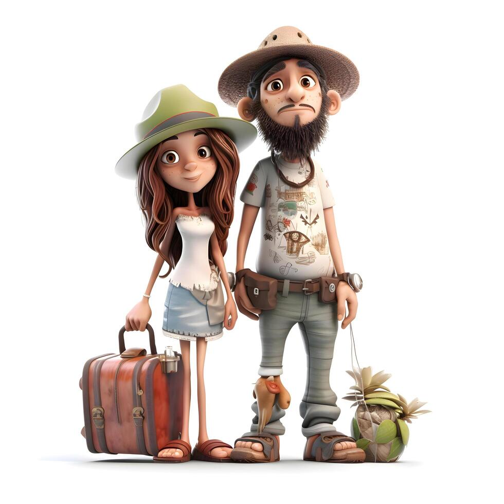 Paar von Touristen mit ein Rucksack und Karte auf ein Weiß Hintergrund, ai generativ Bild foto
