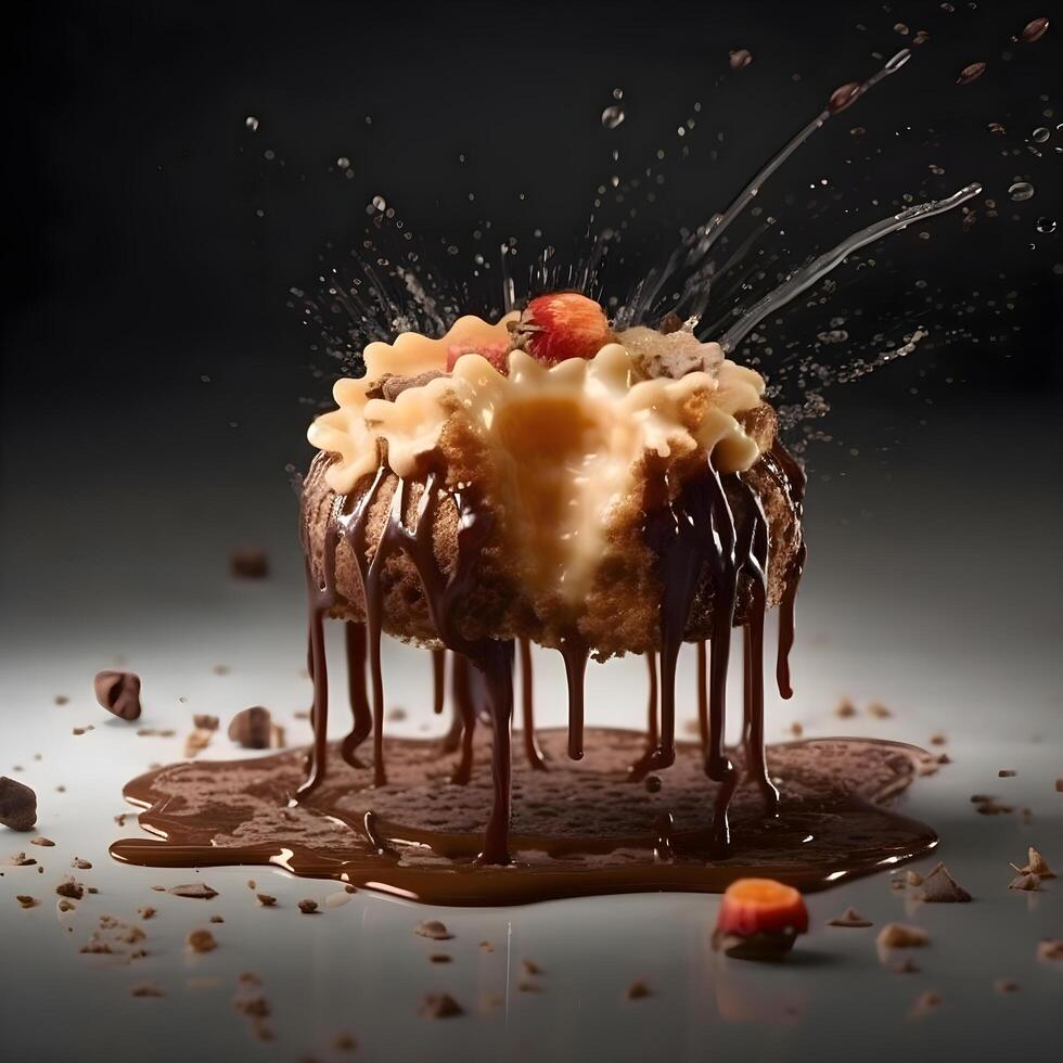 Schokolade Kuchen mit Früchte planschen auf schwarz Hintergrund, schließen hoch, ai generativ Bild foto