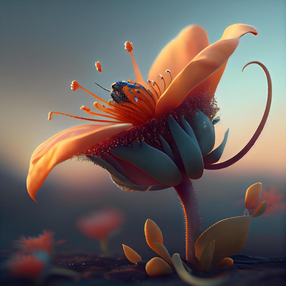 3d Illustration von ein Orange Blume auf ein Sonnenuntergang Hintergrund. 3d Wiedergabe, ai generativ Bild foto