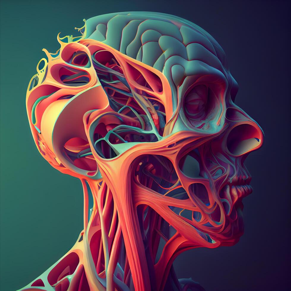 3d Illustration von abstrakt Mensch Kopf mit Skelett Haut Über dunkel Hintergrund, ai generativ Bild foto