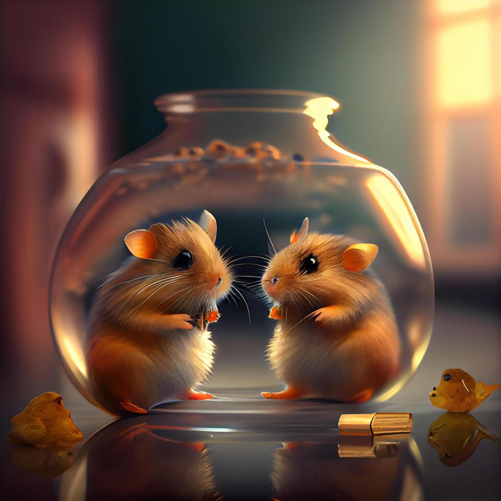 Hamster im ein Glas Krug. 3d Wiedergabe. Jahrgang Stil., ai generativ Bild foto