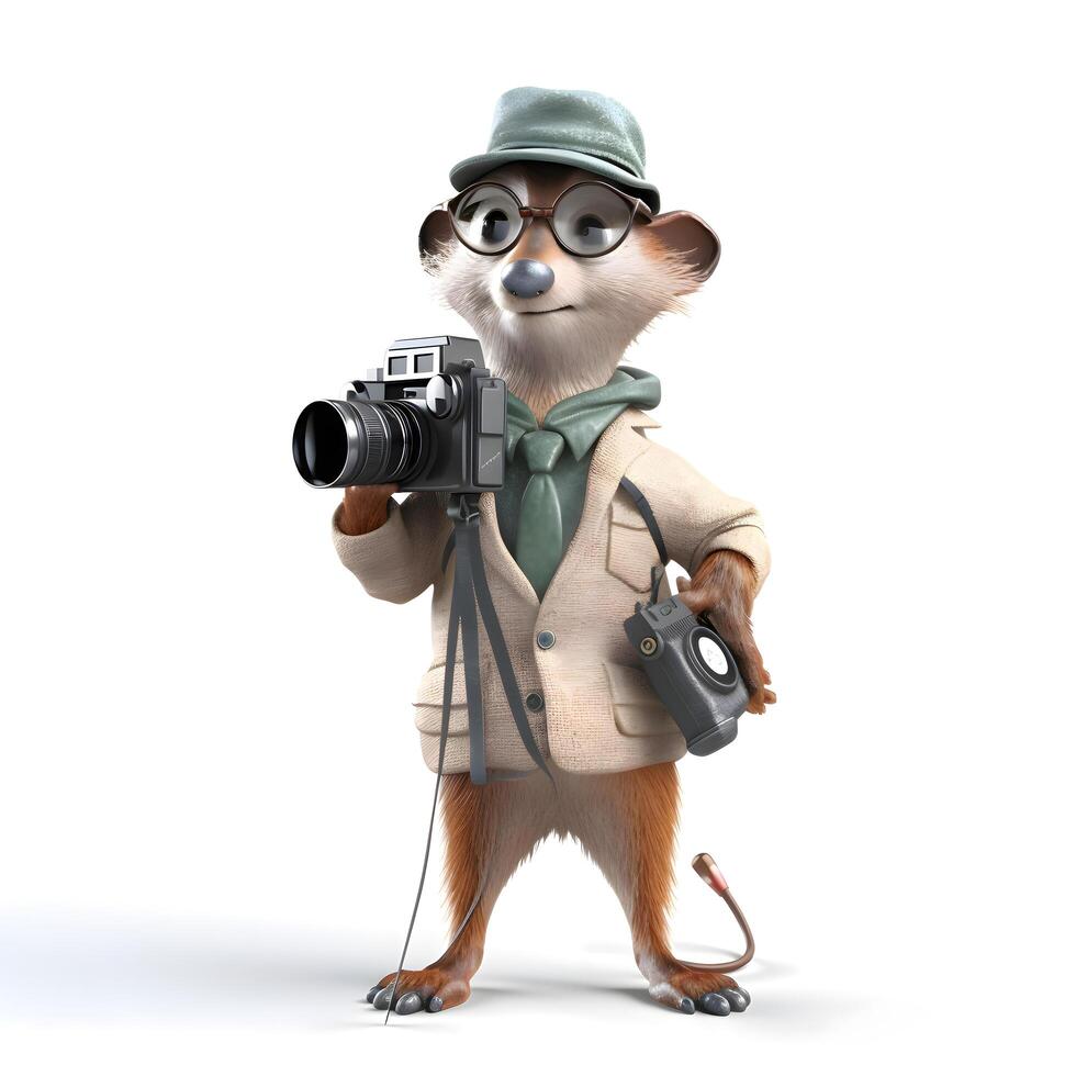 3d Rendern von ein süß Fuchs mit ein Kamera isoliert auf Weiß Hintergrund, ai generativ Bild foto