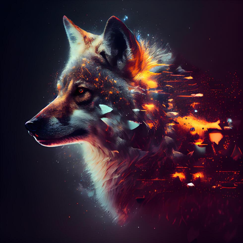 Porträt von ein Wolf mit Feuer und Partikel auf ein dunkel Hintergrund, ai generativ Bild foto
