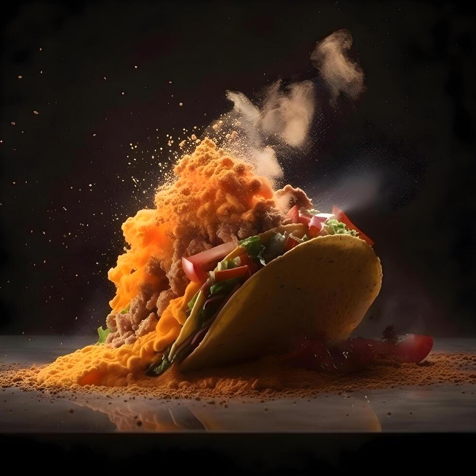 Tacos mit Fleisch und Gemüse auf ein schwarz Hintergrund mit Rauch, ai generativ Bild foto