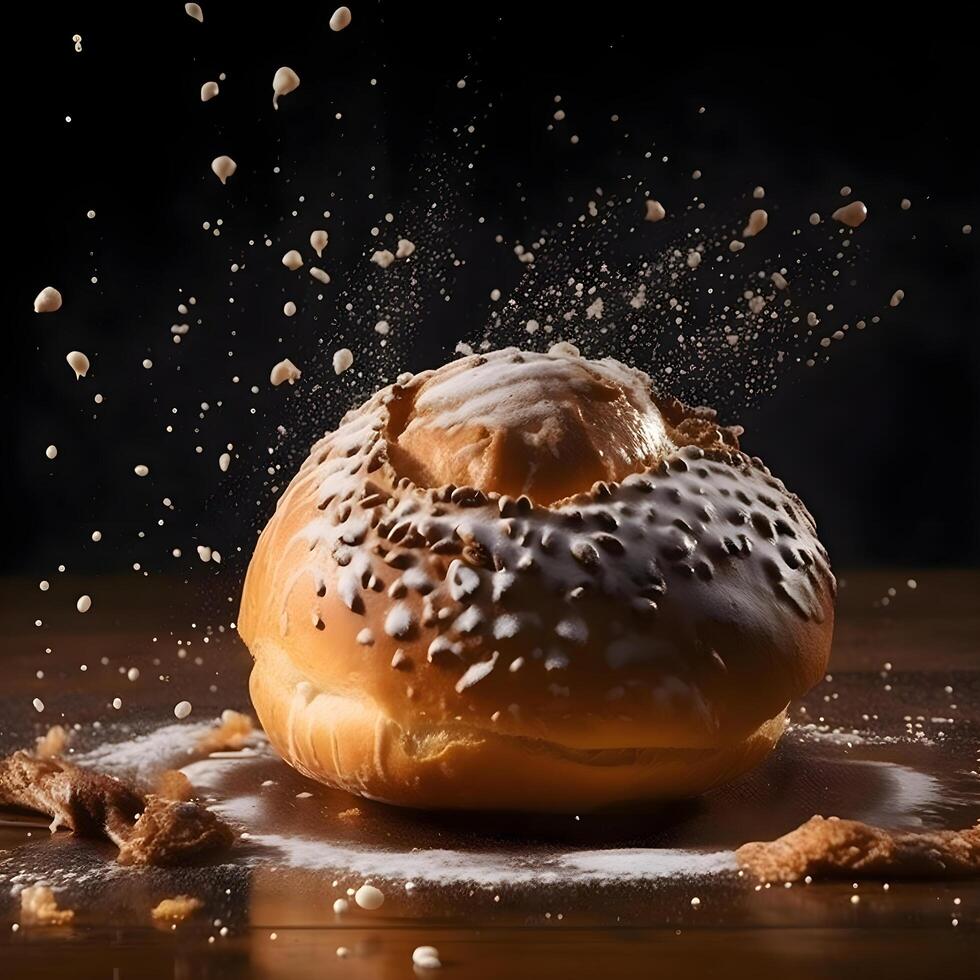 Brötchen mit Sesam Saat fallen in das Luft auf ein dunkel Hintergrund, ai generativ Bild foto