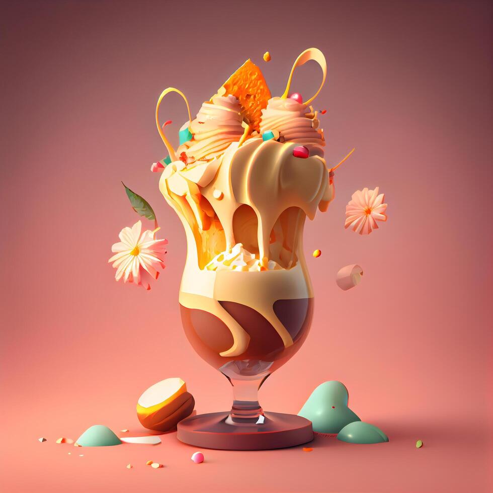 Eis Sahne Eisbecher im ein Glas. 3d machen Illustration., ai generativ Bild foto