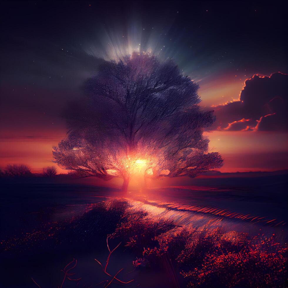 Fantasie Landschaft mit ein einsam Baum im das Feld beim Sonnenuntergang., ai generativ Bild foto