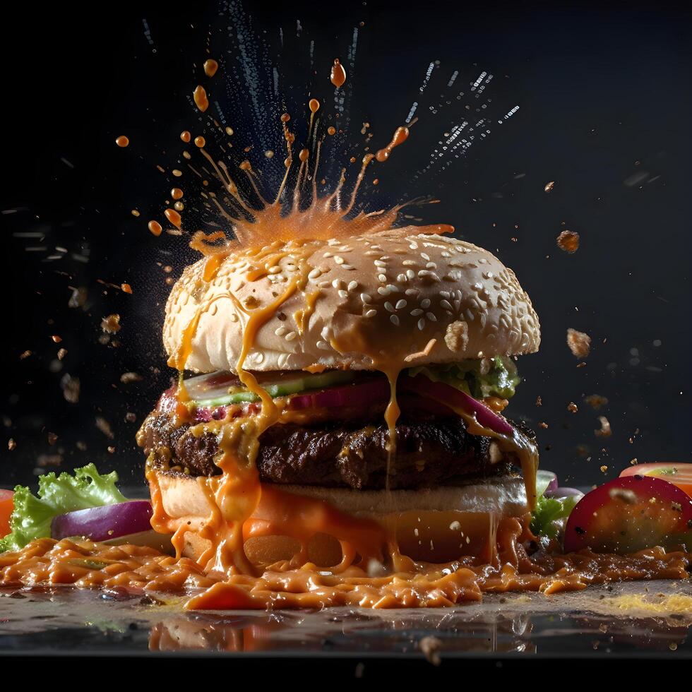 Burger mit fliegend Zutaten und spritzt auf ein schwarz Hintergrund., ai generativ Bild foto