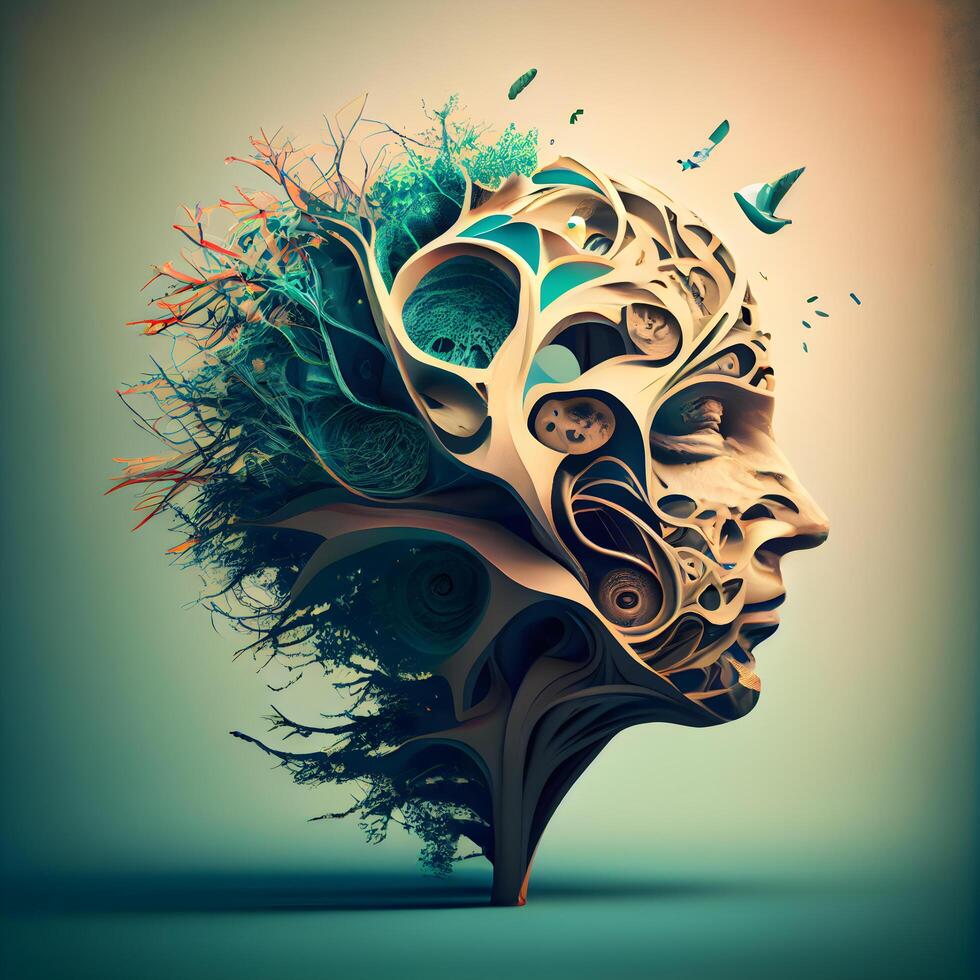 abstrakt Mensch Kopf gemacht von Baum Wurzeln und Schmetterlinge. 3d Illustration, ai generativ Bild foto