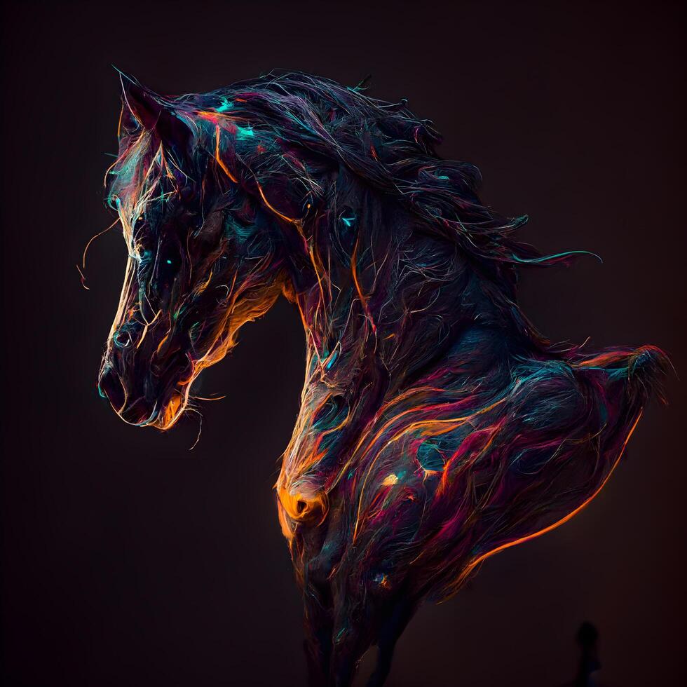 Pferd Kopf mit abstrakt bunt Licht auf schwarz Hintergrund. Fantasie Kunst, ai generativ Bild foto