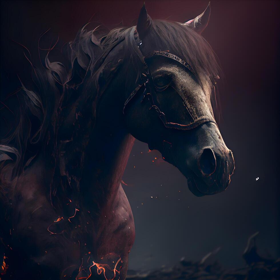 Pferd Porträt mit Feuer und Rauch auf ein dunkel Hintergrund. 3d Wiedergabe, ai generativ Bild foto