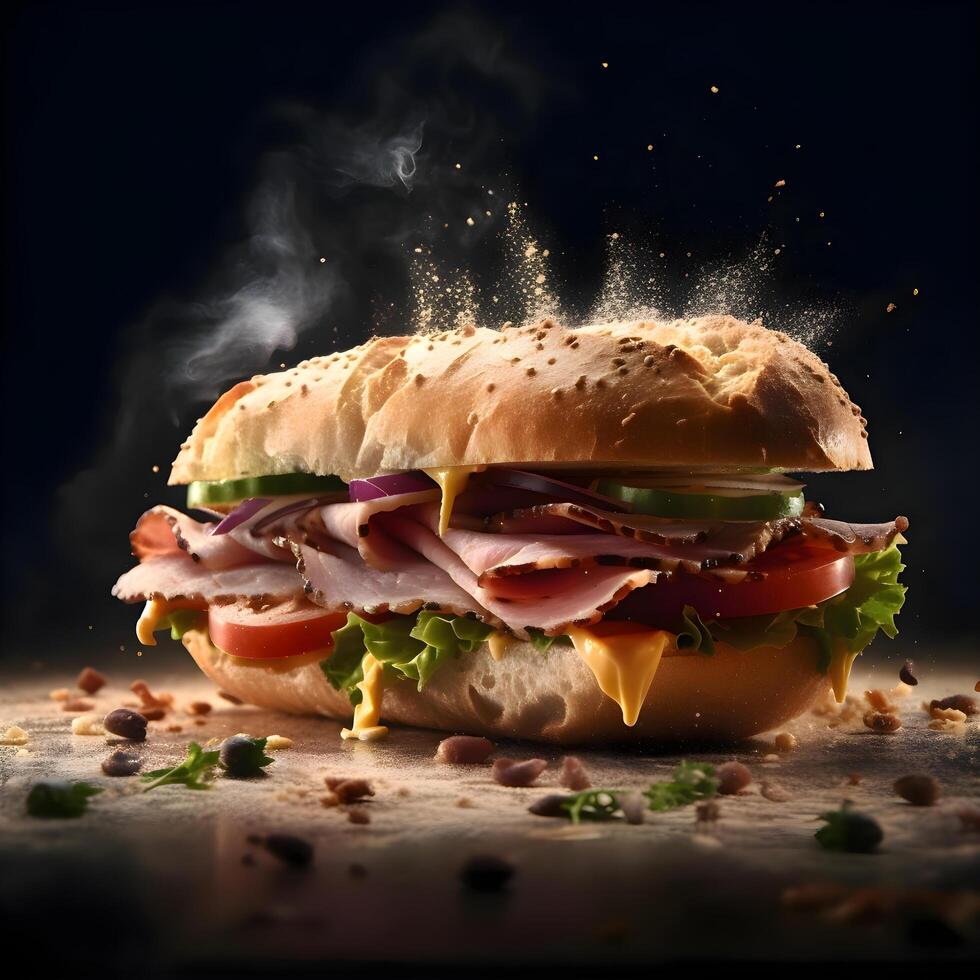 Sandwich mit Schinken, Käse, Tomate und Grüner Salat auf schwarz Hintergrund, ai generativ Bild foto