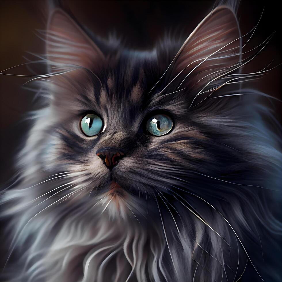 Porträt von ein Maine Waschbär Katze mit Blau Augen auf ein dunkel Hintergrund, ai generativ Bild foto