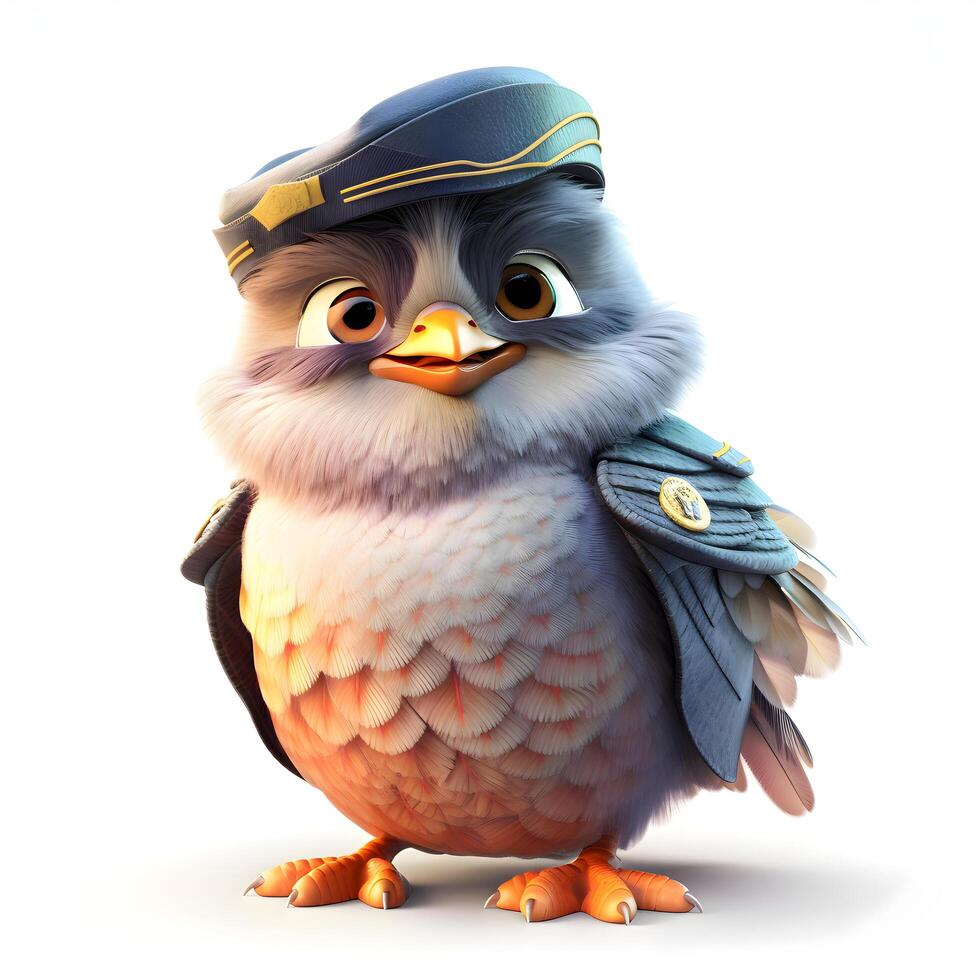 süß Vogel im Polizei Deckel isoliert auf Weiß Hintergrund. 3d Illustration, ai generativ Bild foto