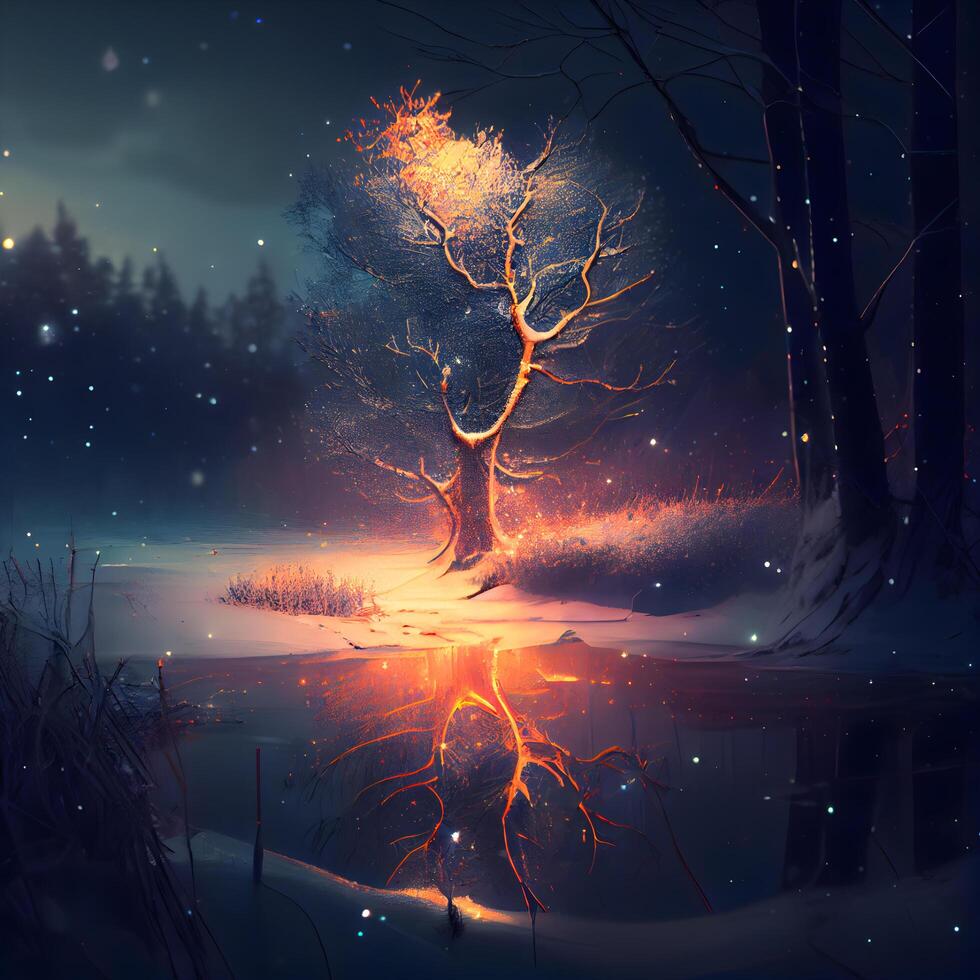 Fantasie Illustration von ein Baum im ein schneebedeckt Wald beim Nacht., ai generativ Bild foto