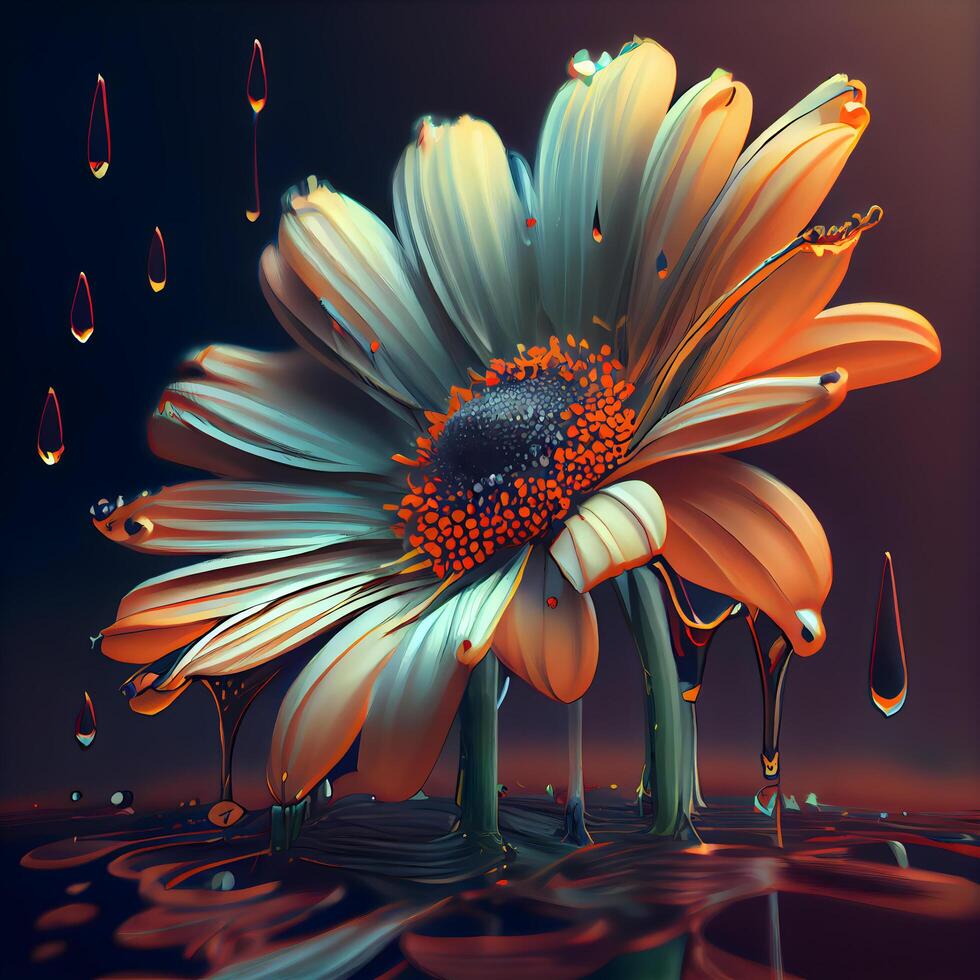 3d Illustration von Gänseblümchen Blume mit Tropfen auf dunkel Hintergrund., ai generativ Bild foto