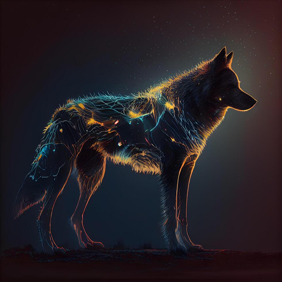 Illustration von ein Wolf mit Blitz auf ein dunkel Hintergrund. Illustration, ai generativ Bild foto