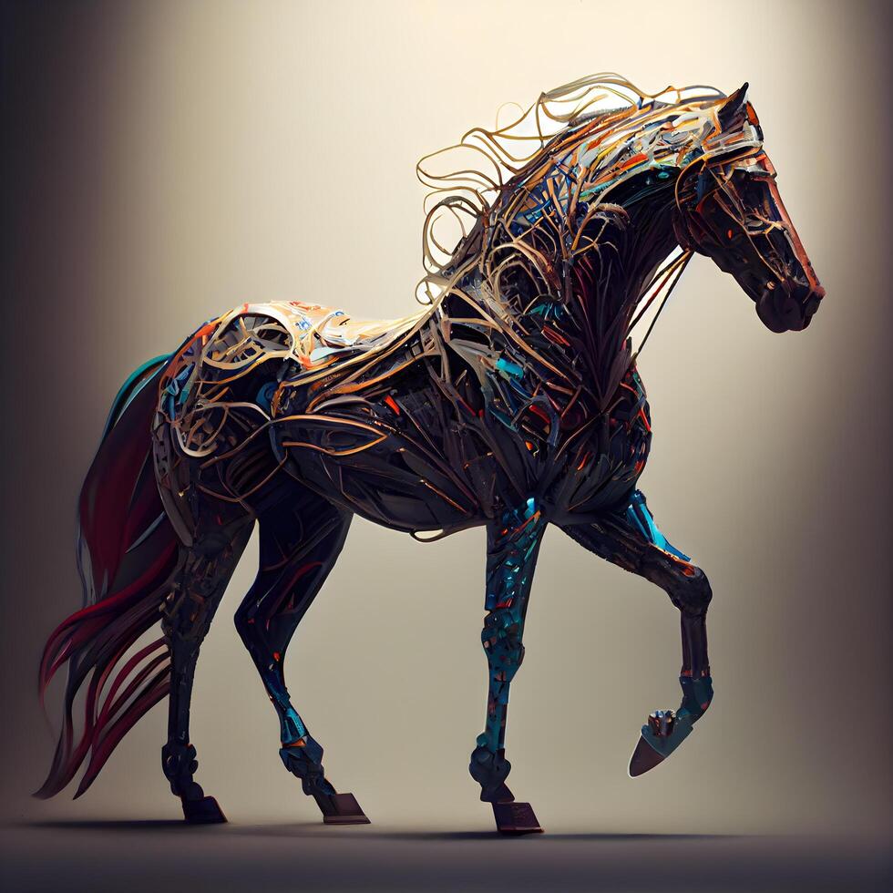 3d Rendern von ein schwarz Pferd mit abstrakt Linien auf es ist Körper, ai generativ Bild foto