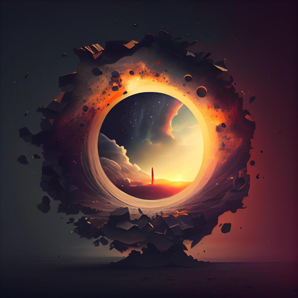 Sonnenuntergang im das Loch von das Erde. 3d Illustration., ai generativ Bild foto
