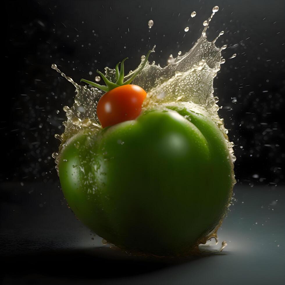 Grün Glocke Pfeffer mit Wasser Spritzen auf schwarz Hintergrund. Studio Schuss., ai generativ Bild foto