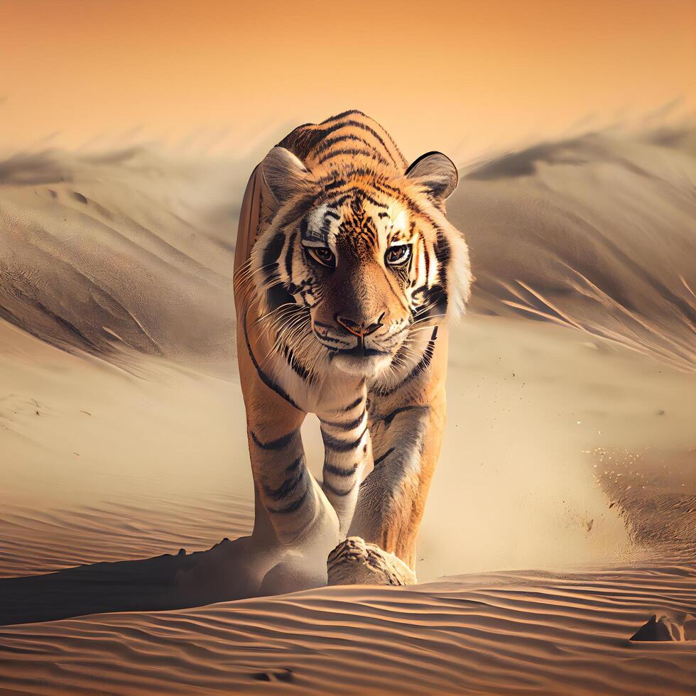 sibirisch Tiger im das Sand Dünen von das Sahara Wüste, ai generativ Bild foto