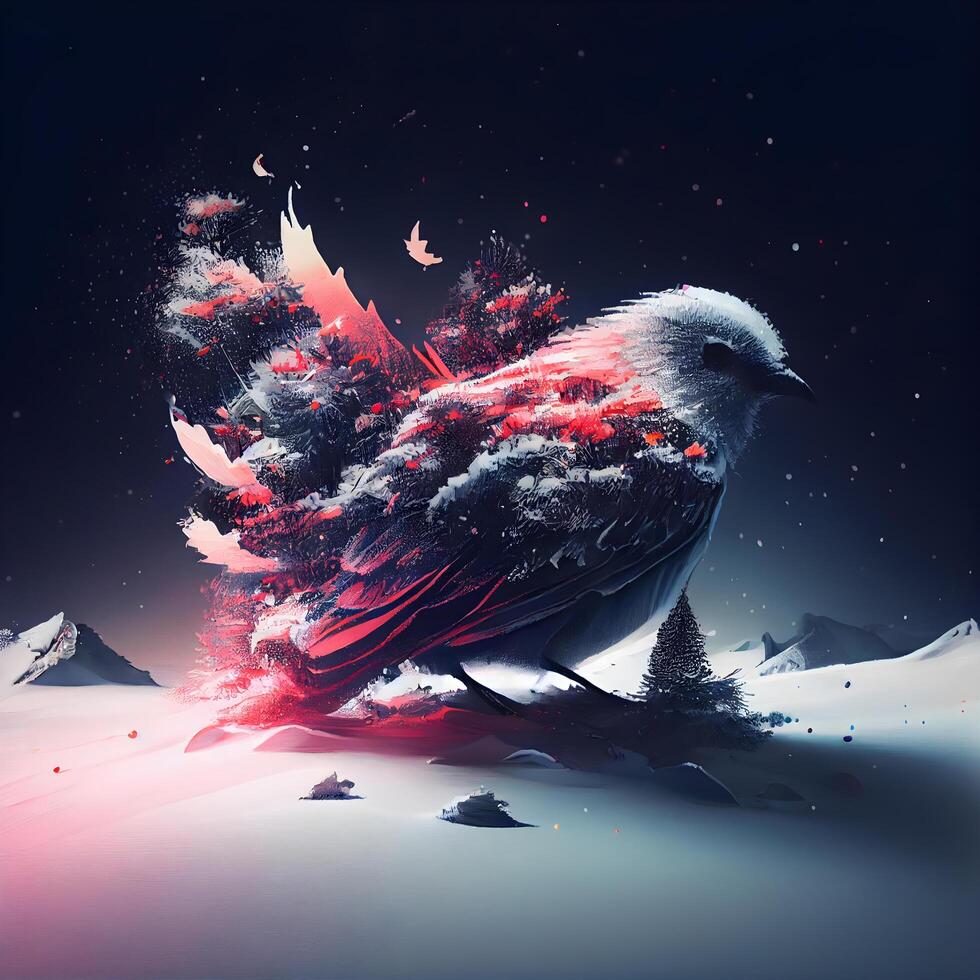 Fantasie Winter Landschaft mit ein Vogel. 3d Illustration. Elemente von diese Bild möbliert durch NASA, ai generativ Bild foto