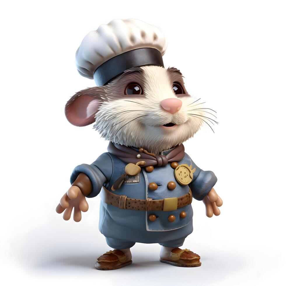 3d Rendern von ein Karikatur Maus Koch mit ein Deckel und Uniform, ai generativ Bild foto