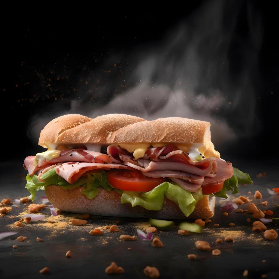 Sandwich mit Schinken, Käse und Grüner Salat auf ein schwarz Hintergrund., ai generativ Bild foto