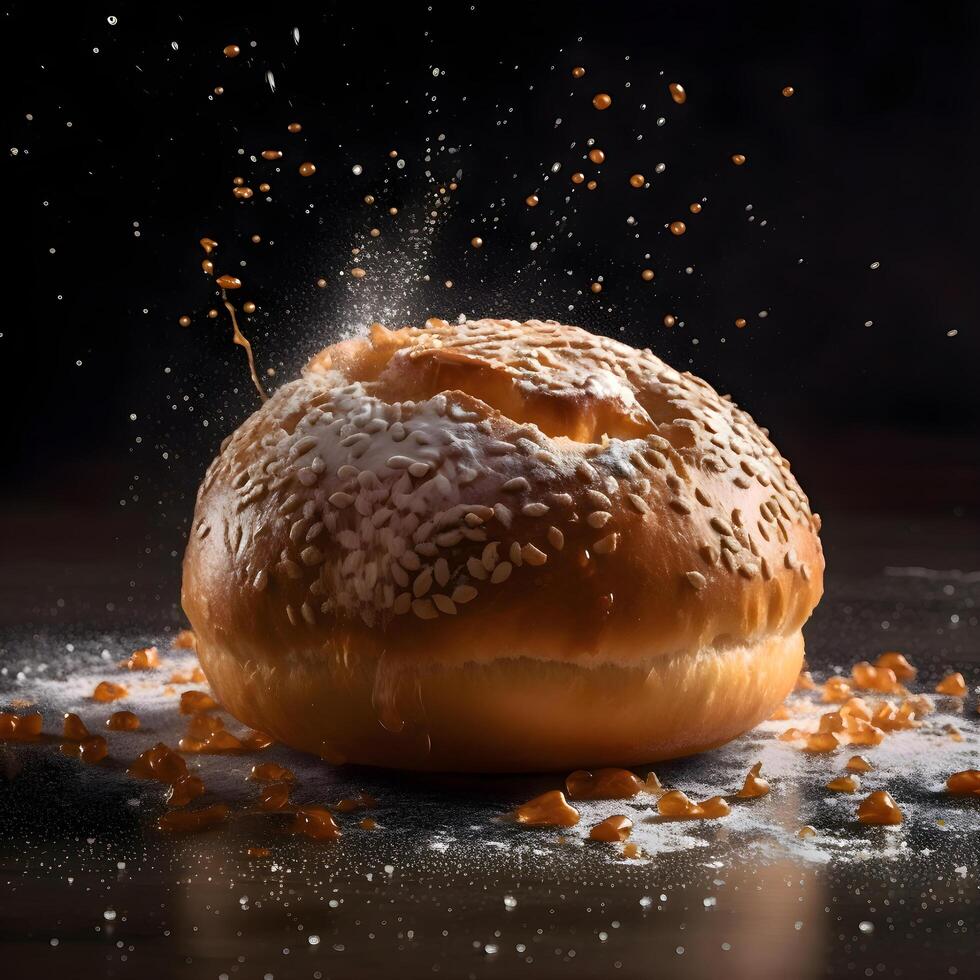 frisch gebacken Brot auf ein schwarz Hintergrund mit fliegend Mehl. Backen Konzept., ai generativ Bild foto