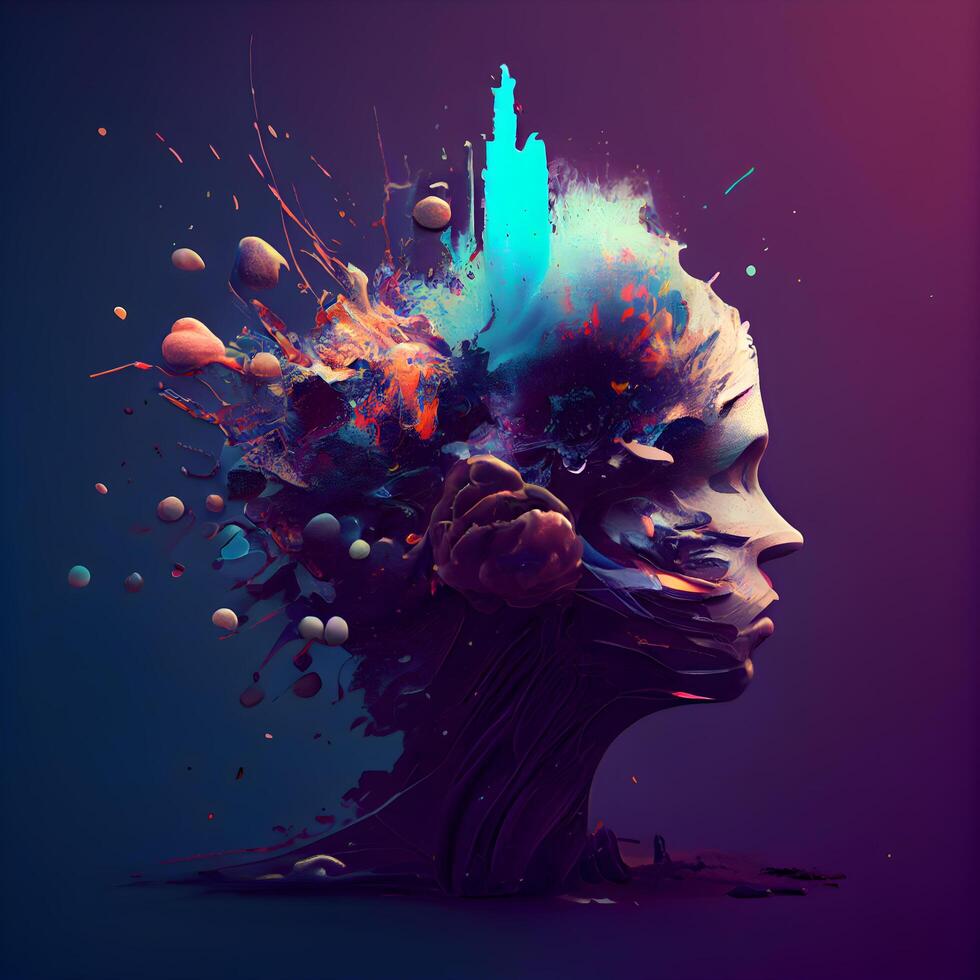 künstlerisch 3d Illustration von Mensch Kopf mit bunt Farbe Spritzer, ai generativ Bild foto