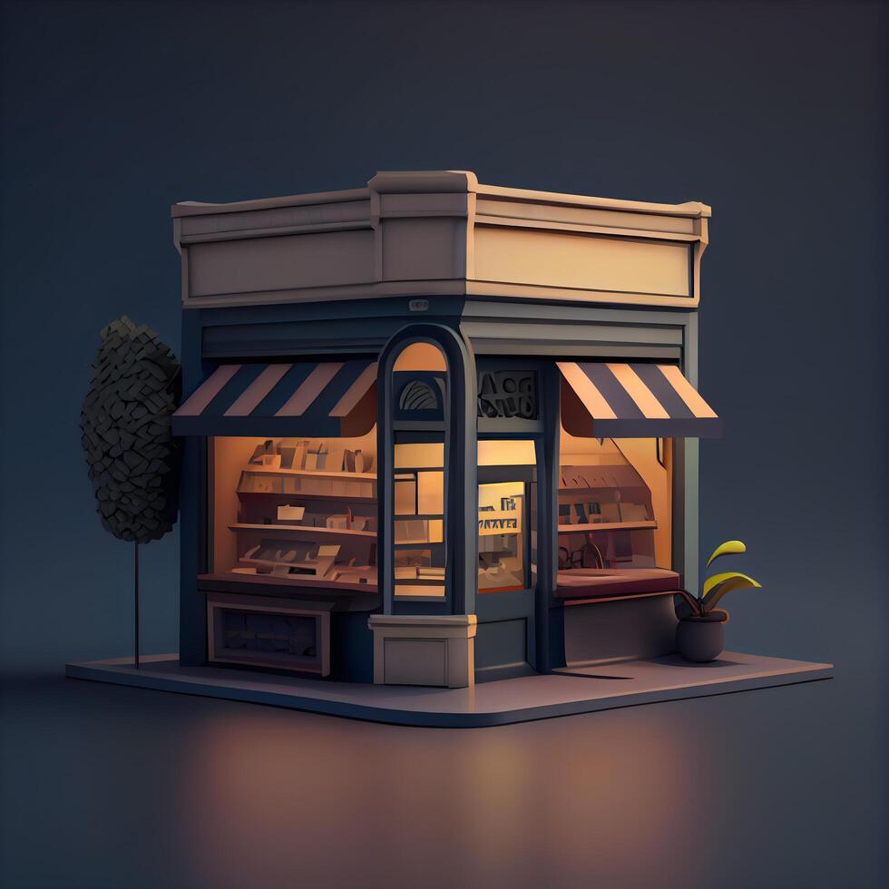 3d Illustration von ein Bäckerei Geschäft auf ein dunkel Hintergrund foto