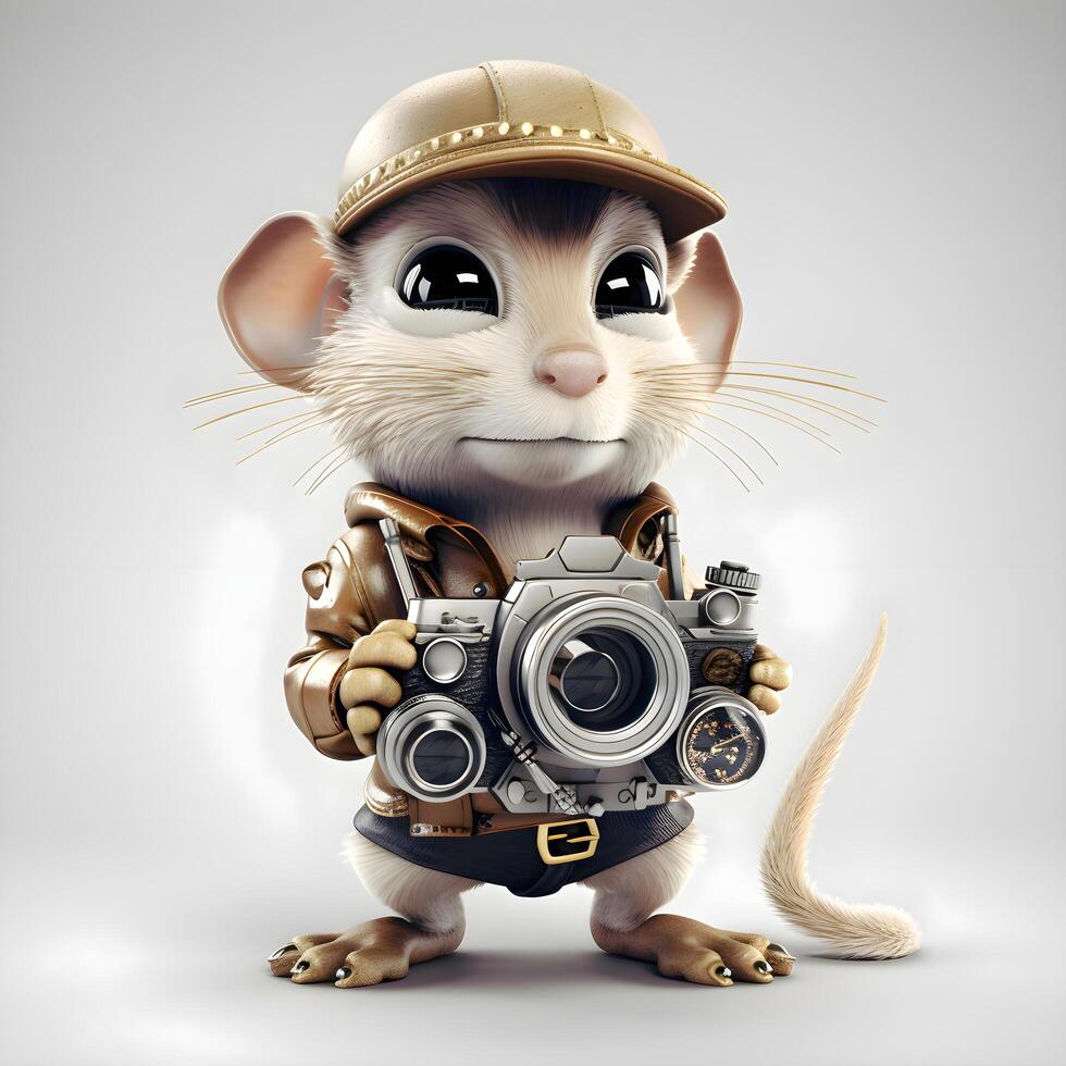 süß Ratte Fotograf mit Kamera auf grau Hintergrund. 3d Illustration. foto