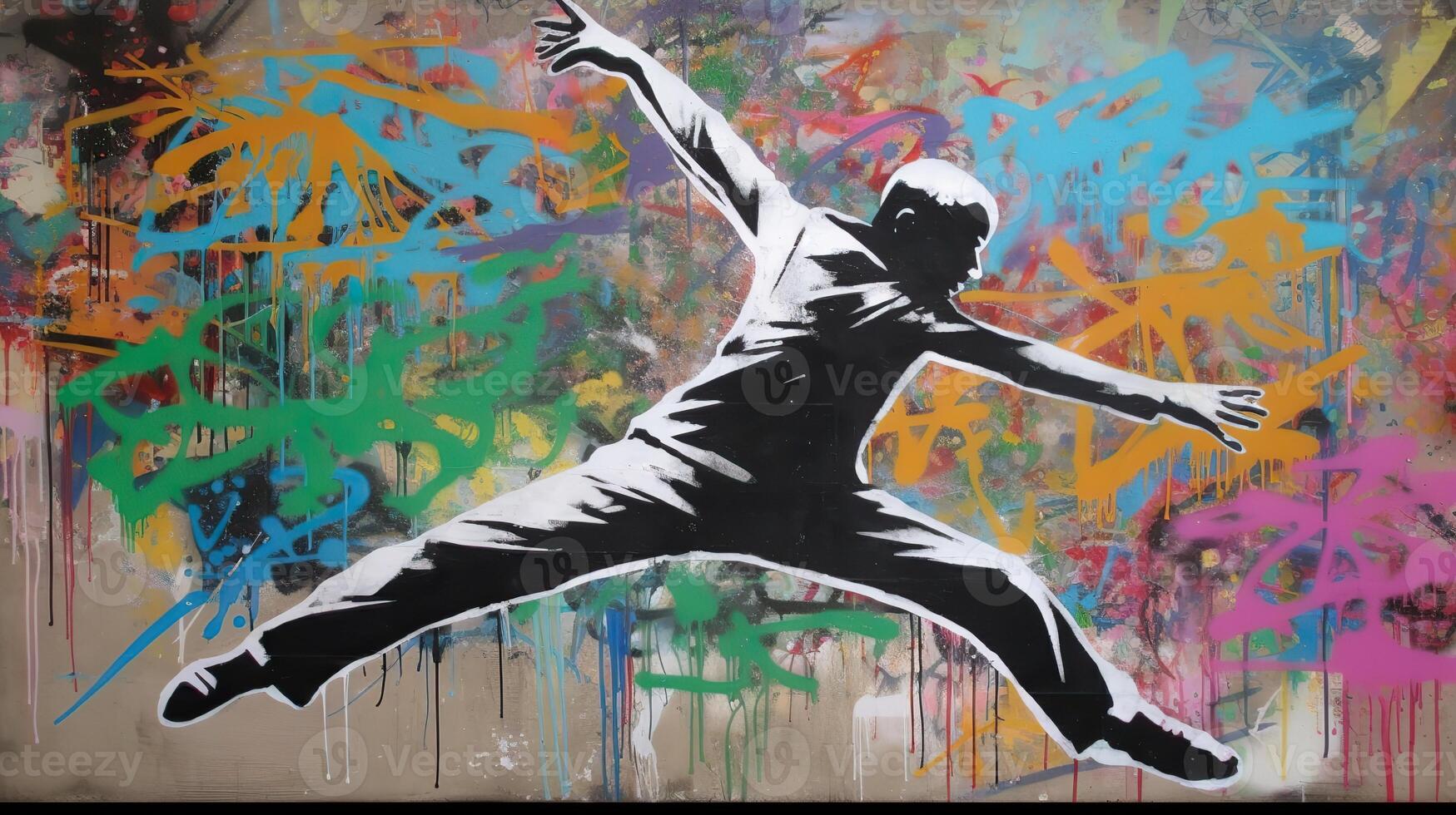 ai generiert. ai generativ. Straße Kunst Graffiti von Tanzen Person Musik- Rhythmus. inspiriert durch Banken unter Tage Kultur. Grafik Kunst foto