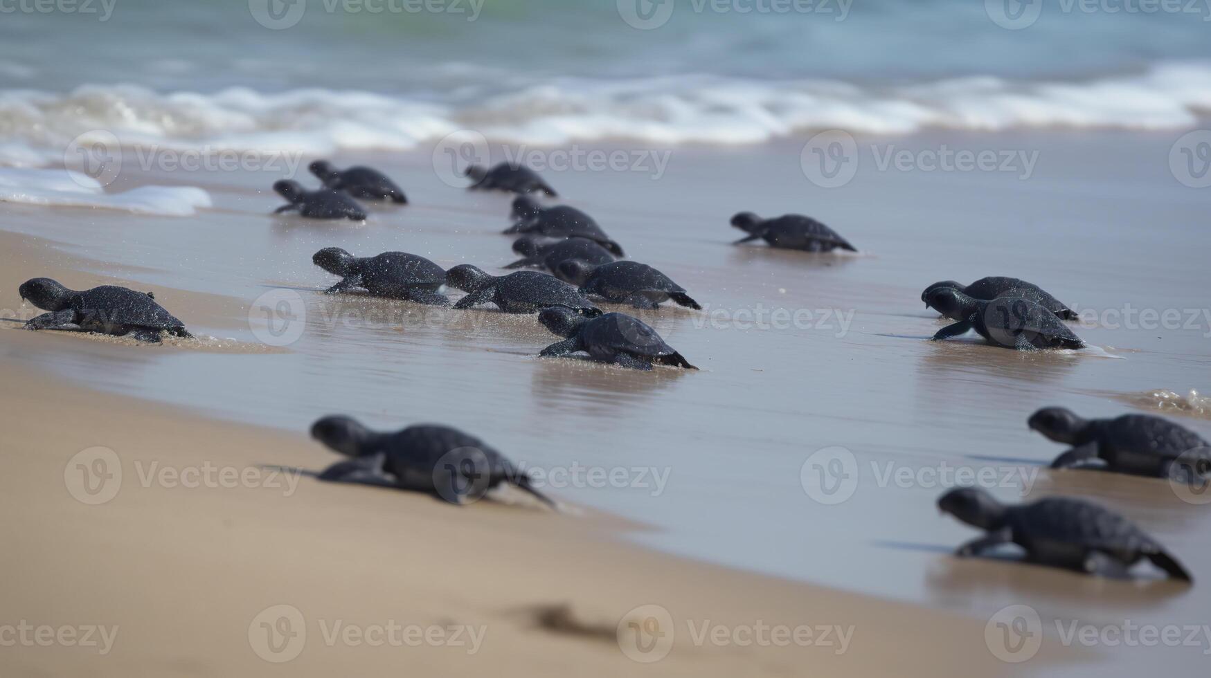 ai generiert. ai generativ. Makro Schuss von Schildkröten Laufen zu das Wasser Ozean Meer. Foto von National Erdkunde Stil. Grafik Kunst