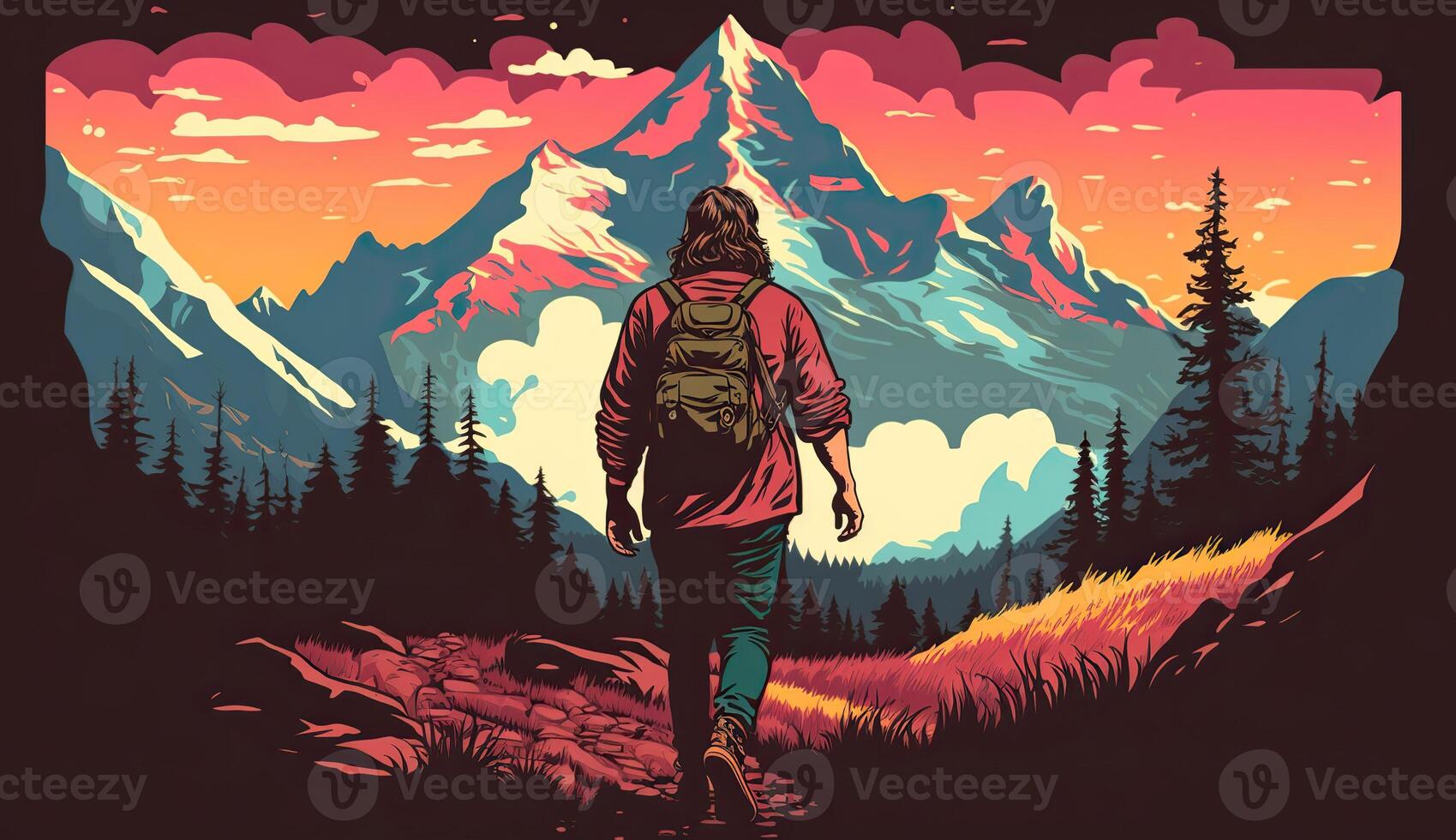 ai generiert. ai generativ. Abenteuer draussen Natur motivierend Poster mit Mann Stehen im fron von ein Berg. Grafik Kunst foto